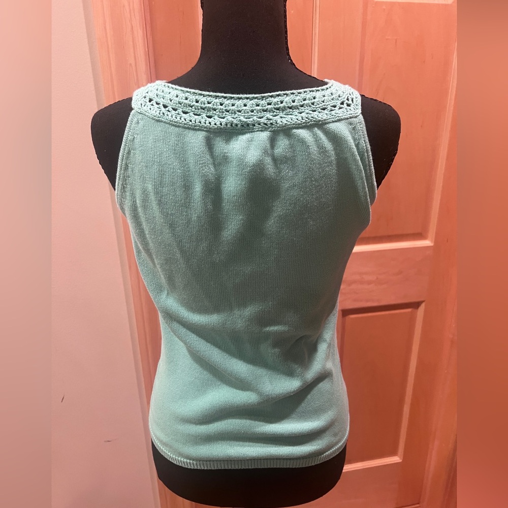 LOFT Crochet Trim Soft Stretch Knit Sleeveless Top Pastel Mint Green Cottage S - Picture 5 of 12